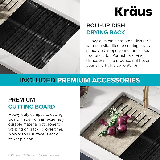 KRAUS Bellucci 30” in. Undermount Workstation Granite Kitchen Sink in Metallic Black with Accessories, KGUW2-30MBL