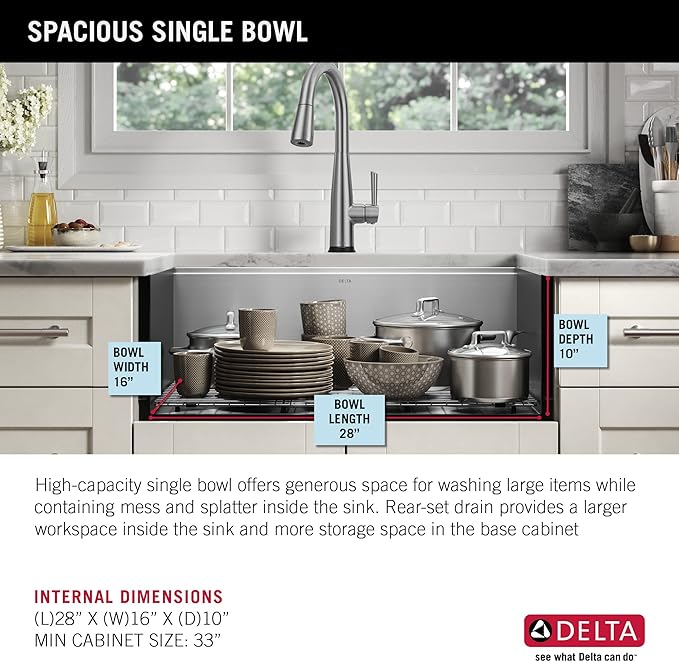 DELTA FAUCET Rivet 30-inch Workstation Farmhouse Apron Front Kitchen Sink Undermount 16 Gauge Stainless Steel Single Bowl with WorkFlow Ledge and Kit of 5 Accessories, 95C9031-30S-SS