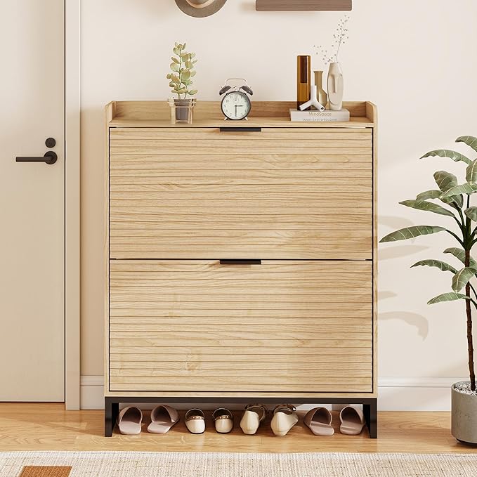 Shoe Cabinet Storage with 2 Flip Drawers for Entryway, Oak Wooden Slim Shoe Organizer with Adjustable Shelf, Freestanding Hidden Narrow Shoe Rack Cabinet for Hallway