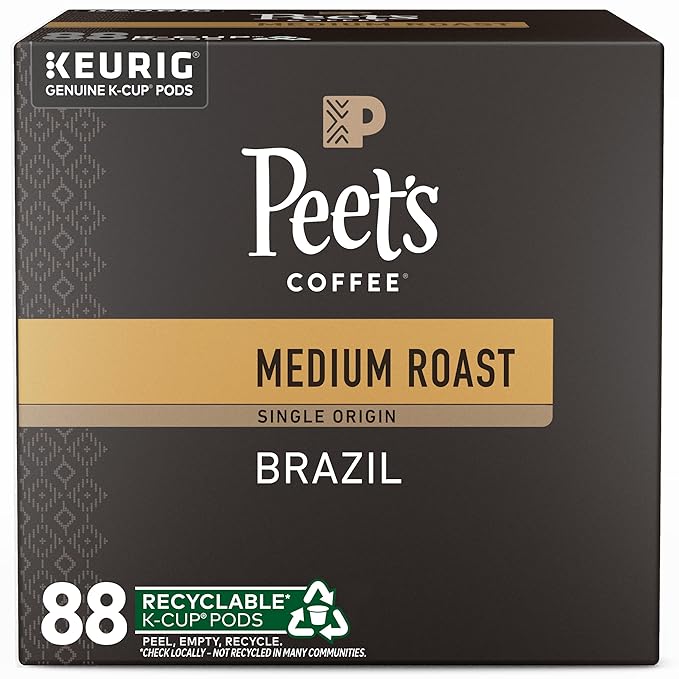 Peet's Coffee, Medium Roast Keurig K-Cup Pods - Single Origin Brazil 88 Count (4 Boxes of 22 Pods)