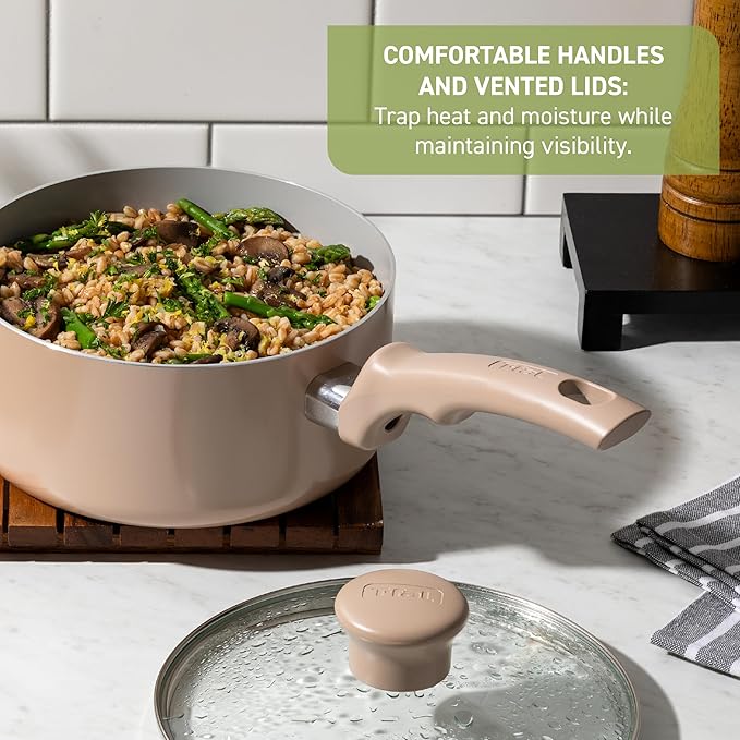 T-Fal Refresh Ceramic Nonstick Cookware Set, Oven Safe Up to 350ºF, 12-Piece, Includes Stockpot, Griddle, Frying Pans, Utensils, Ceramic Pots and Pans Set, Mint Green