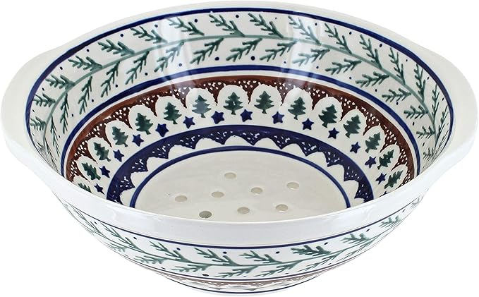 Blue Rose Polish Pottery - Green Evergreen Colander - 9.5" Diameter - Ceramic Strainer Bowl, Festive Evergreen Christmas Design for Holiday Kitchen & Tableware