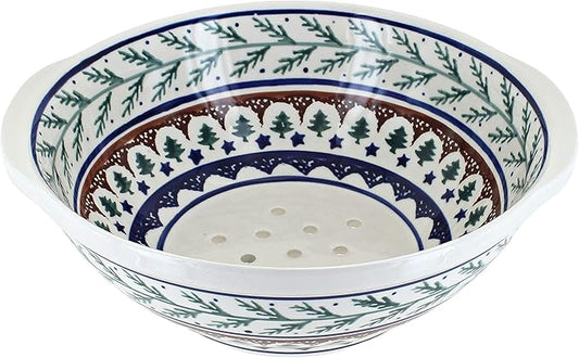 Blue Rose Polish Pottery - Green Evergreen Colander - 9.5" Diameter - Ceramic Strainer Bowl, Festive Evergreen Christmas Design for Holiday Kitchen & Tableware