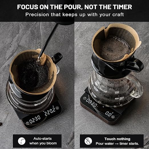 KitchenTour CaféMetric Coffee Scale with Timer 0.1g/2000g - Precision Scale for Espresso & Pour Over - Water Flow Speed Mode and Coffee Powder-to-Liquid Ratio Mode - Rechargeable, LED Display-Wood