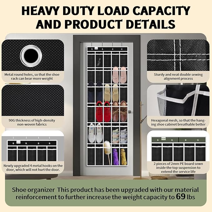 PAULONE Over the Door Shoe Organizer, 30 Multi-Size Large Breathable Mesh Pockets, Reusable Breathable Large Mesh Pockets, Boys' and Girls' Shoe Organizer, Space Saving Hanging Organizer (Black)