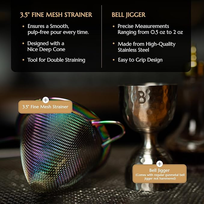5 Piece Cocktail Kit by Bull In China - Premium Bartender Gift Set Includes Weighted 2 Piece Boston Shaker, Hammered Bell Jigger, Hawthorne Strainer & Fine Mesh Strainer (Gunmetal Black)