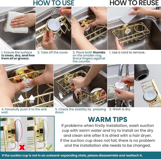 TAILI 4-in-1 Sponge Holder for Kitchen Sink with Strong Suction Cup Removable, Rustproof Aluminum Sink Caddy for Sponge, Brush, Scrubber, Scraper -Gold