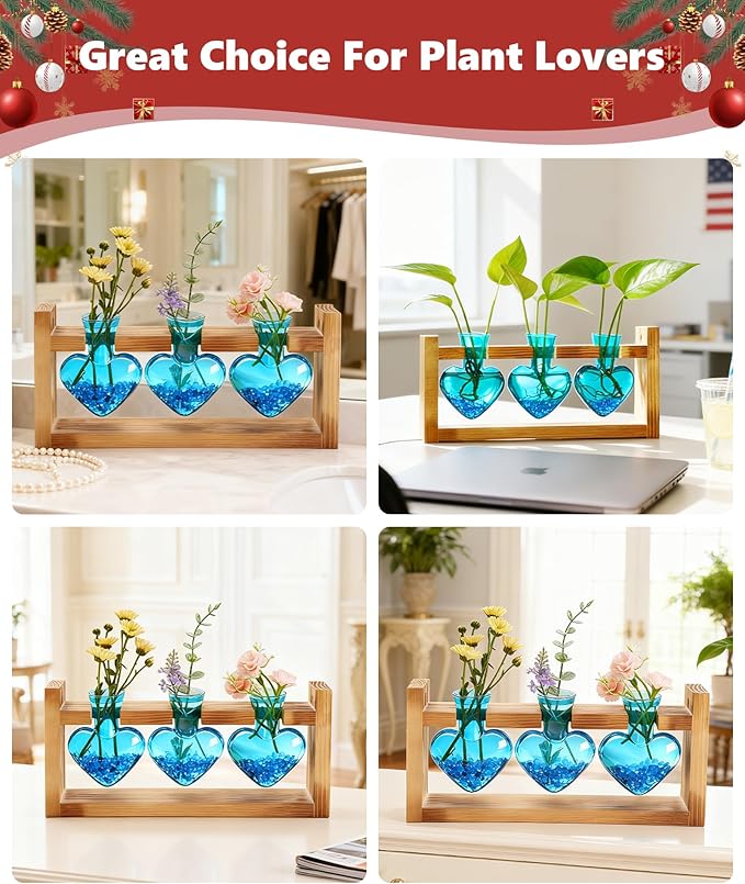 Nacome Plant Terrarium Propagation Stations: Christmas Gifts for Plant Lovers Women Mom Wife - Wooden Stand Tabletop Planter 3 Bulb Glass Vase Heart Shaped for Hydroponics Indoor Home Office Decor