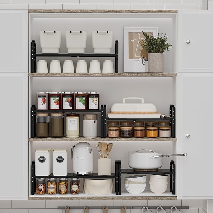 Expandable Shelf for Cabinet Organizer Adjustable Stackable Spice Rack at Kitchen and Bathroom More, Counter Countertop Cupboard Organization Pantry Storage(MEDIUM/3PACKS/BLACK)