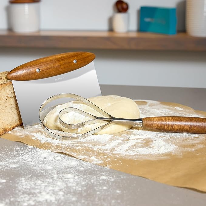 Nambe Breaking Bread Whisk - Stainless Steel Flat Coil Dough Mixer with Acacia Wood Handle, Hand Mixing Tool for Sourdough, Preferments & Baking Essentials - Nambe x Tom Papa Collab