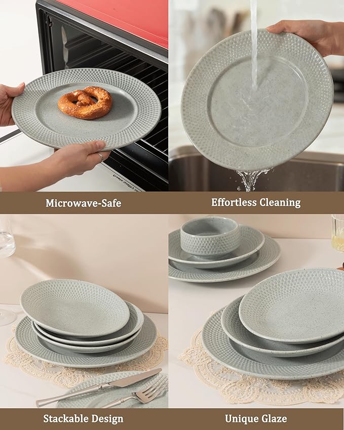 Dinnerware sets plates and bowls sets modern plates,Handmade Reactive Glaze Stoneware Plates and Bowls Sets,Highly Scratch Resistant Dishwasher & Microwave Safe Dishes Set (style - 5, 4 - Set (12pcs))