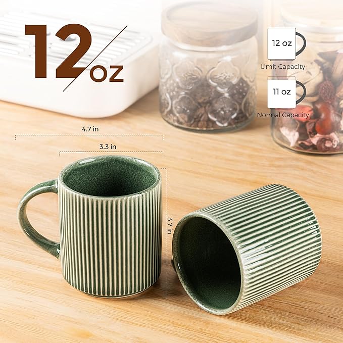 GBHOME 12oz Stoneware Coffee Mugs, Ceramic Coffee Cups with Handle for Man,Woman,Dad,Mom, Modern Coffee Mugs Set of 6 for Latte/Cappuccino/Cocoa/Tea/Cocoa/Milk. Dishwasher&Microwave Safe, Dark Green