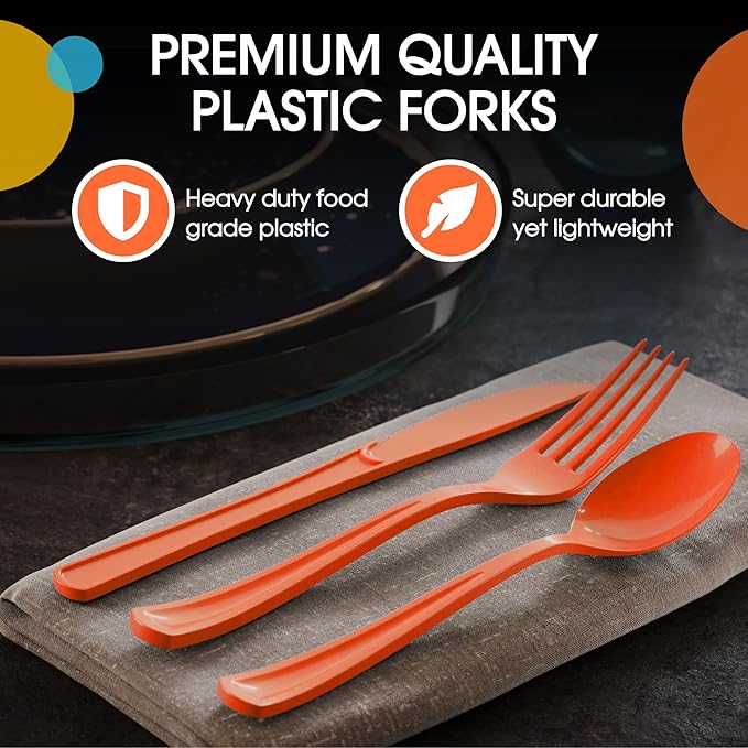 Party Solids Orange Plastic Silverware Heavy Duty 150 Pieces Orange Disposable Silverware Heavy Duty, Utensil Sets, 50 Of Each Forks, Knives & Spoons Disposable Cutlery Set For Party Supplies