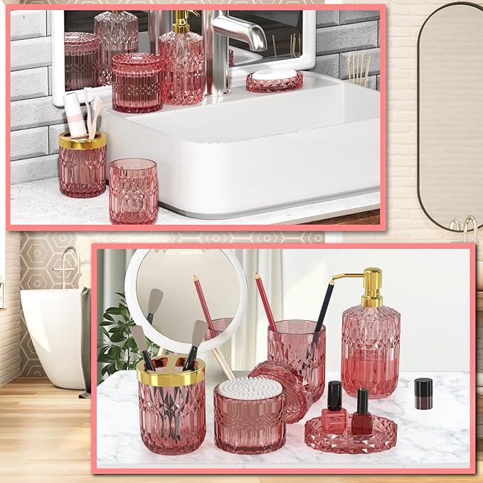 New Pink Bathroom Accessories Set, 5 Pcs Clear Glass Bathroom Accessories Sets with Lotion Soap Dispenser, Soap Dish, Toothbrush Holder, Bathroom Tumbler, Cotton Swab Jars, Perfect for Bathroom Decor