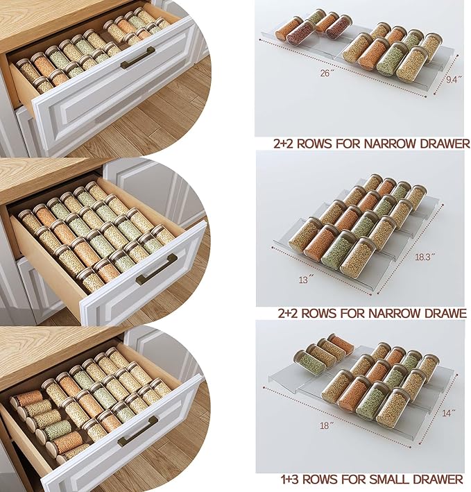 Spice Drawer Organizer,4 Tier- 4 Pack Acrylic Seasoning Jars Drawer Organizer Insert, Kitchen Spice Rack Organizers for Drawer/Countertop (Jars Not Included),Expandable From 13" to 26" Wide
