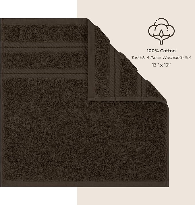 American Soft Linen Luxury Washcloths for Bathroom, 600 GSM 100% Cotton 4 Piece Turkish Wash Cloth Set, 13x13 in Soft Rags for Body and Face, Brown Washcloths