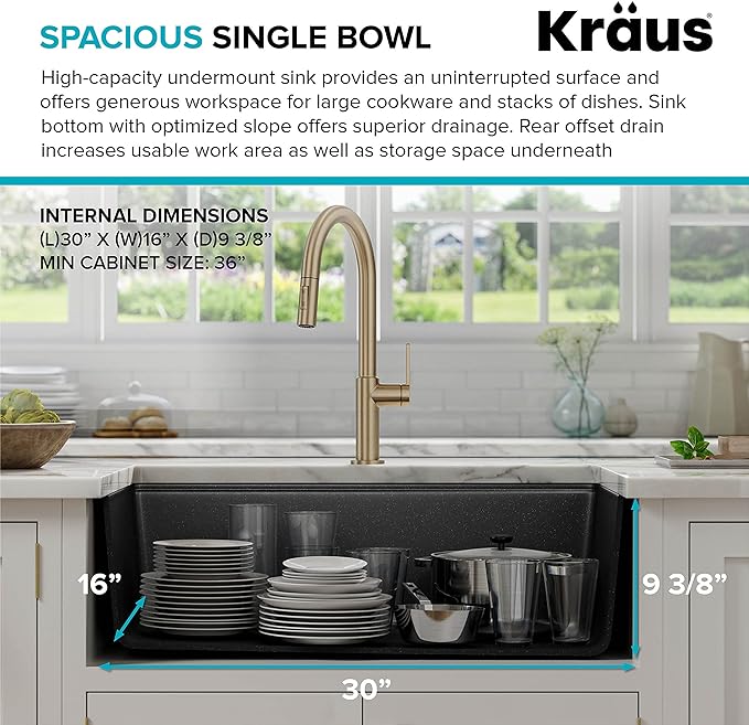 Kraus KGUW2-33MB-100-100, Bellucci Workstation 32 in. Undermount Granite Composite Single Bowl Kitchen Sink in Metallic Black with WasteGuard 1 HP Continuous Feed Garbage Disposal and Accessories