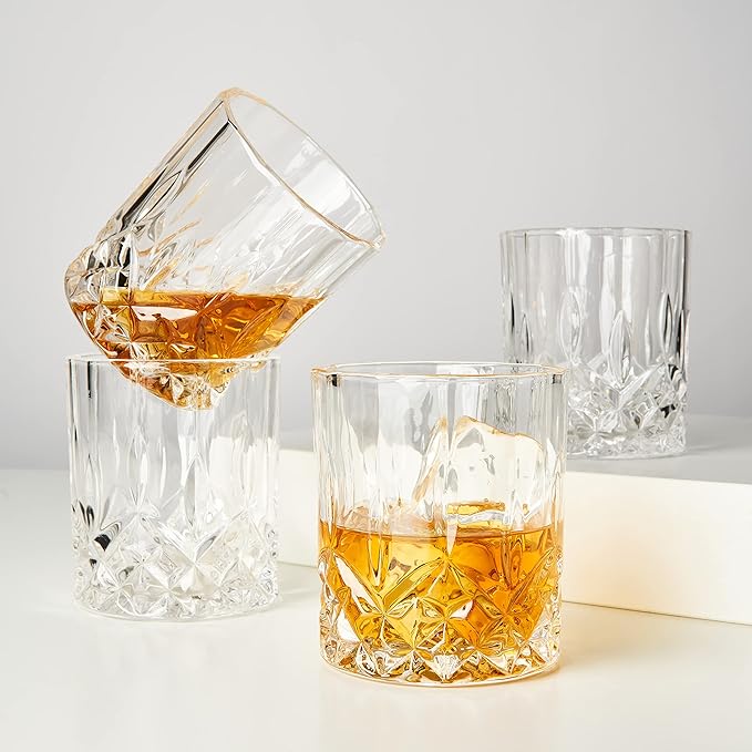 Viski Admiral Crystal Whiskey Tumbler Set, Classic Lowball Cocktail Glasses, Crystal Clear Drinking Glasses for Bourbon, Scotch, Spirits, Neat Pours, Gifts for Men, Home Bar, 10 oz, Set of 4