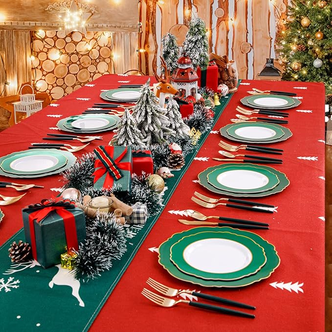 WDF 30Guest Christmas Plates Disposable - Gold Plastic Silverware With Green Handle - Baroque Green &Gold Plastic Dinnerware for Christmas Plates Party