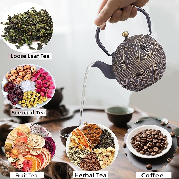 Enameled Cast Iron Teapot 34oz（1000ml） - Japanese Style Kettle with Removable Stainless Infuser & Ergonomic Handle, Stovetop Safe for Loose Leaf Tea Green and silver (Black Gold)
