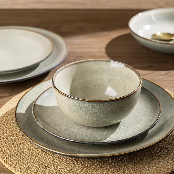 AmorArc Ceramic Dinnerware Sets for 8, 24 Pieces Handpainted Stoneware Plates and Bowls Set, Scratch Resistant Dishes Set, Dishwasher & Microwave Safe, Reactive Color