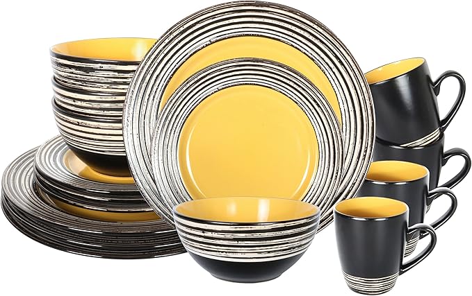 16 Piece Dinnerware Set, Ceramic Plates and Bowls Sets for 4, Microwave and Dishwasher Safe, Handcrafted Tree Bark Series Dish Set, Sunflower/Yellow