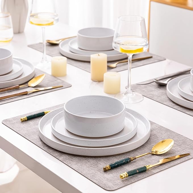 AmorArc Ceramic Dinnerware Set for 6 | Speckled Stoneware Plates and Bowls with Rustic Terracotta Underside| Scratch Resistant,Dishwasher & Microwave Safe Dishes Sets- 18pcs White