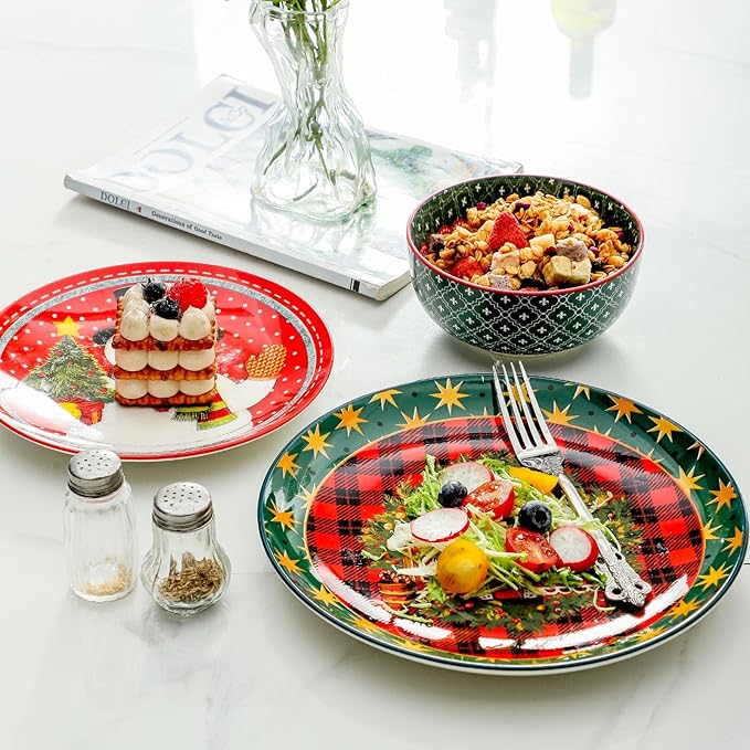 glowworm Christmas Dinnerware Sets for 6, 18 Pieces Plates and Bowls Set, Ceramic Dishes Set for 6, Oven, Microwave & Dishwasher Safe
