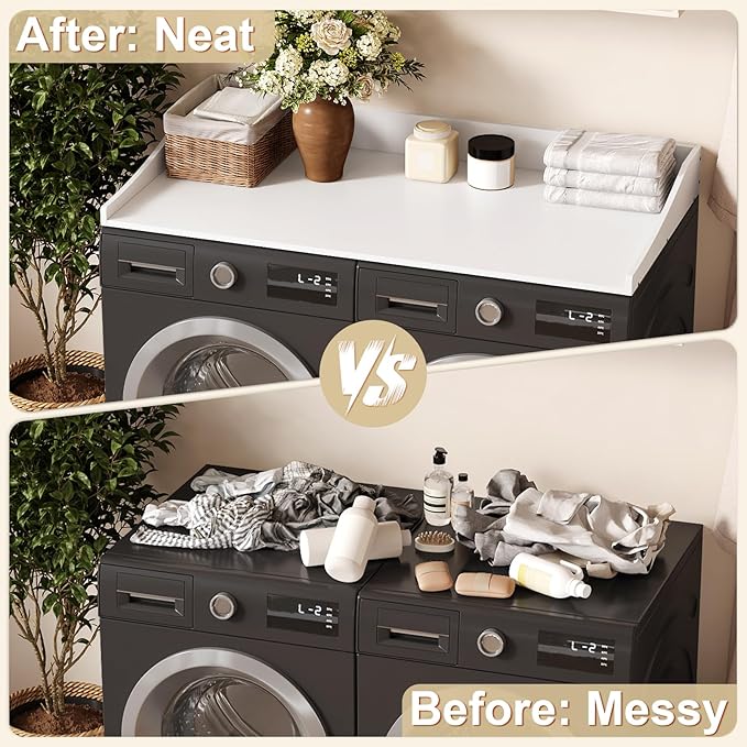 54'' Washer Dryer Countertop, Laundry Room Organization Washer and Dryer Combo Countertop Organizer with Non-Slip Mat, White