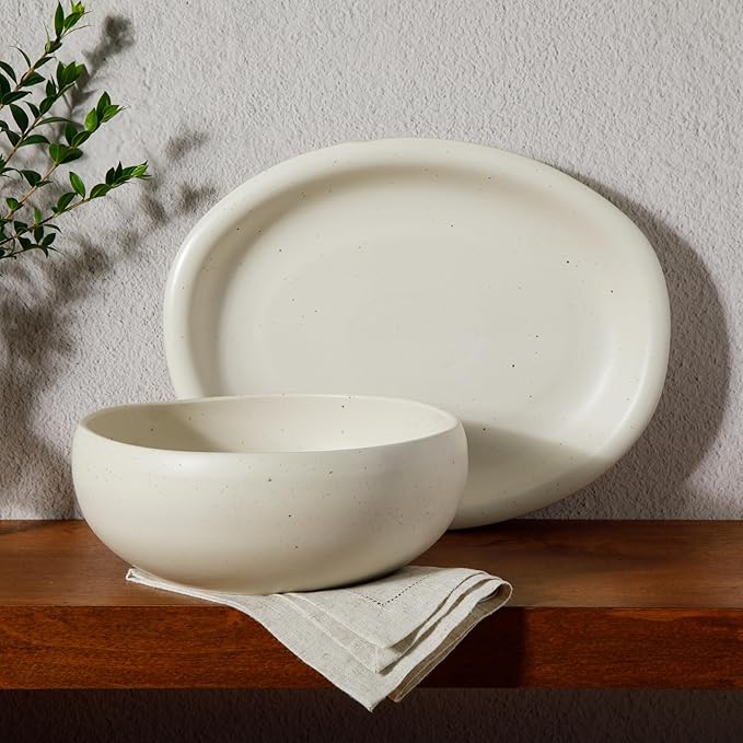 Bloomhouse - Two Time Oprah's Favorite Things Winner - Corsica Clay 2-Piece Serving Set – Oval Platter and Bowl in Sea Salt White, Durable Stoneware for Entertaining & Everyday Use
