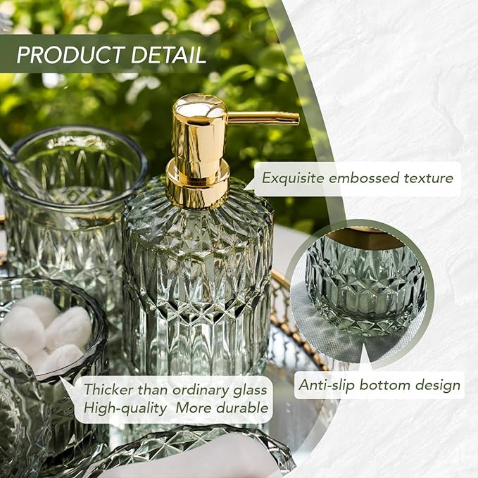 Bathroom Accessory Set, 5 Pcs Glass Bathroom Accessories Set with Lotion Dispenser,Toothbrush Holder, Soap Dish,Tumbler, Cotton Swab Jars, Home Set for Christmas/Housewarming, Modern Bathroom Decor
