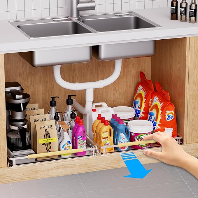 Expandable Pull Out Drawer Cabinet Organizer, Adjustable Width Bottom-Mounted Slide Out Storage Shelves for Cabinets, Required Cabinet Size (W: 20.86"~37.86", D≥22.5"), 1 Pack
