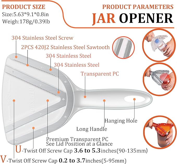 Jar Opener for Weak Hand & Seniors with Arthritis,Easy Twist Off Bottle Caps,Patent | Unique Kitchen Gadgets, Christmas Gifts for Elderly/Women/Men (Orange)