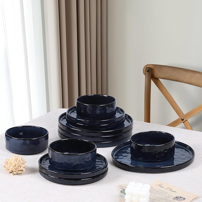 LIANYU 12 Piece Dinnerware Sets for 4, Stoneware Dish Dinner Set, Kitchen Dining Plates and Bowls, Ceramic Tableware Dishware, Microwave & Dishwasher Safe, Cetacean Blue