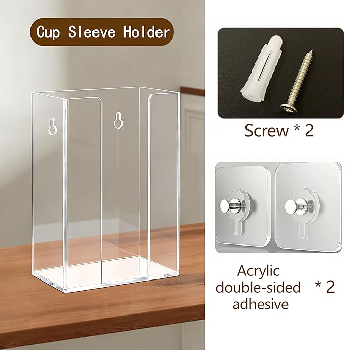 Coffee Cup Sleeve Organizer Rack-Acrylic Coffee Collar Holder Storage for Disposable Kraft Paper Cup Sleeves,Coffee Shop/Home/Kitchen Organization,Countertop or Wall Mount(Clear)
