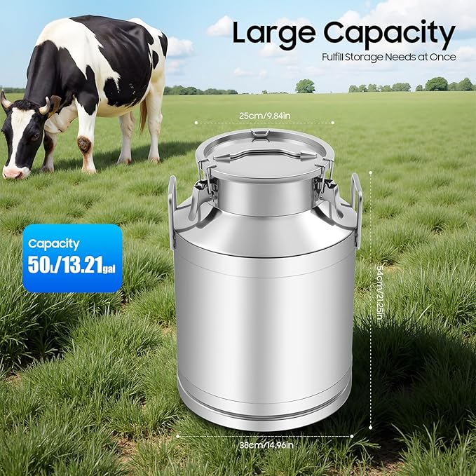Milk Can Stainless Steel Containers with Lids Old Fashion Milk Jug Metal Bucket with Practical Handles, Sealed Bucket for Milk Water Wine Honey Oil Rice Tea Beans Grains (50 L/13.21Gal)