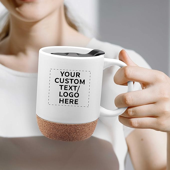 Custom Barista Ceramic Mugs with Cork Bottom 13 oz. Set of 72, Personalized Bulk Pack - Perfect for Coffee, Tea, Espresso, Hot Cocoa, Other Beverages - White