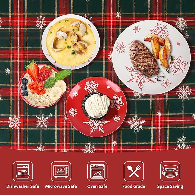 Plates and Bowls, 16 Pcs Christmas Porcelain Dishes Set, Xmas White&Red Snowflake Holiday Dinnerware Sets, Service for 4 for Winter Party Supplies, Microwave and Dishwasher Safe