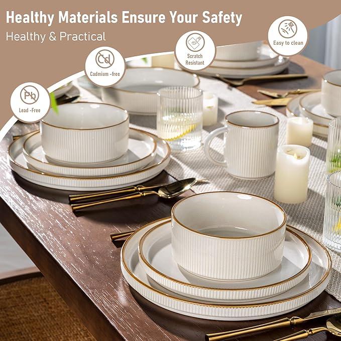 GBHOME Stoneware Dinnerware Sets for 8, Round Reactive Glaze Ceramic Plates and Bowls Set, Highly Scratch Resistant | Dishwasher & Microwave Safe Set，Service for 8（24pcs),Pearl White