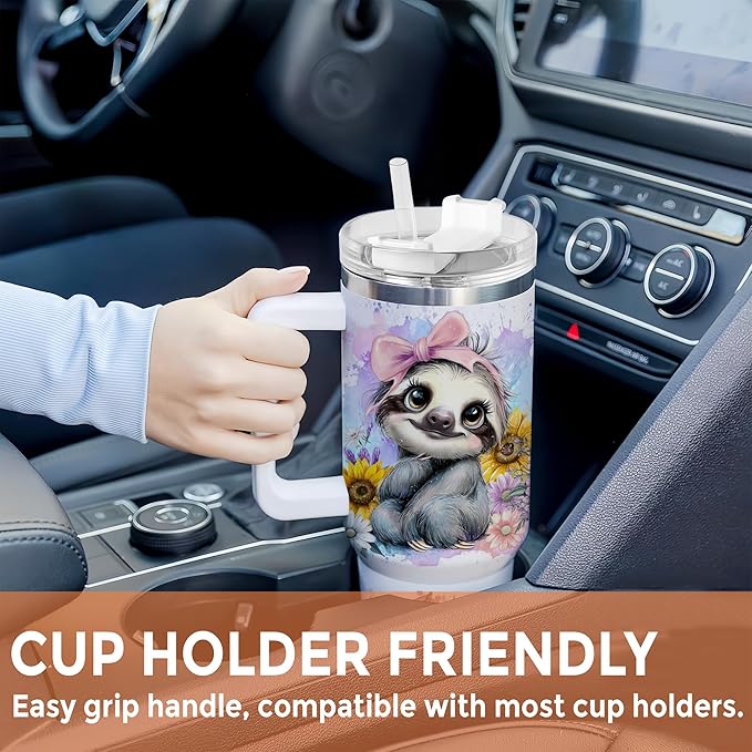 Personalized Sloth 40oz Tumbler with Handle and Straw Gifts for Sloth Lover, Cute Animal Gifts for Women on Birthday Christmas, Animal Lover Cup Gift, Custom Name Stainless Steel Travel Cup