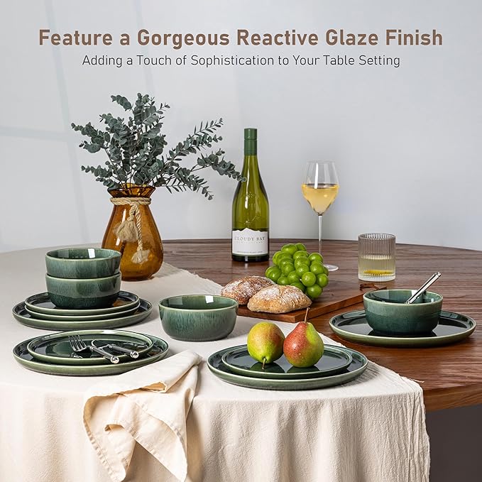 GBHOME Ceramic Dinnerware Sets for 8, 24 Pieces Stoneware Plates and Bowls Sets, Reactive Glaze Dishes -Scratch Resistant, Dishwasher&Microwave Safe, Earth Green