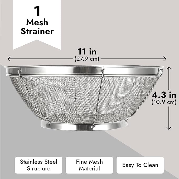 Juvale Fine Mesh Strainer - Stainless Steel Rice Strainer - Ultra-Fine Pasta Colander & Quinoa Sifter - Ergonomic Handle Mesh Colander & Matcha Sifter - 11 in x 4 in, Silver