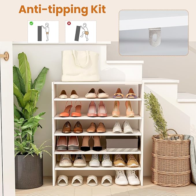 SIMOE 3-in-1 Adjustable Vertical Shoe Rack, 6-Tier Stackable Wooden Corner Storage Shelf for 18 Pairs, Space-Saving Organizer for Front Door Entryway, White
