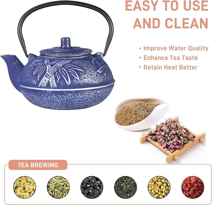 Cast Iron Teapot,SECHUDO Blue Tea Kettle,Japanese Cast Iron Teapot with Stainless Steel Infuser for Stovetop Safe (20.3OZ/600ML)