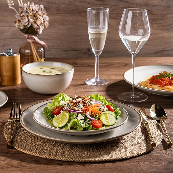 AmorArc Ceramic Dinnerware Sets for 4, 12 Pieces Handpainted Stoneware Plates and Bowls Set, Scratch Resistant Dishes Set, Dishwasher & Microwave Safe, Cappuccino