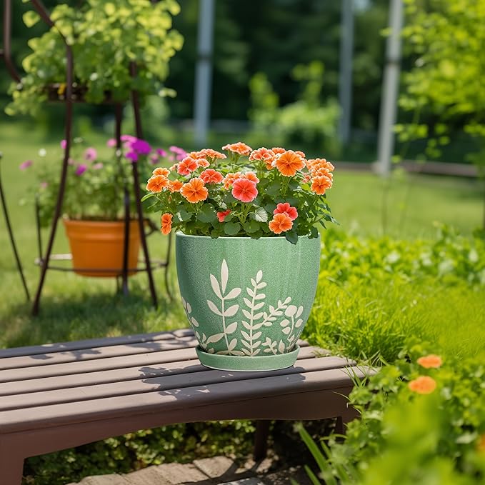 10 Inch Ceramic Plant Pot with Drainage and Saucer - Large Decorative Flower Pot for Indoor and Outdoor Plants, Round Indoor Planter, Gifts for Plant Lovers, Home Office Patio Decor, Green