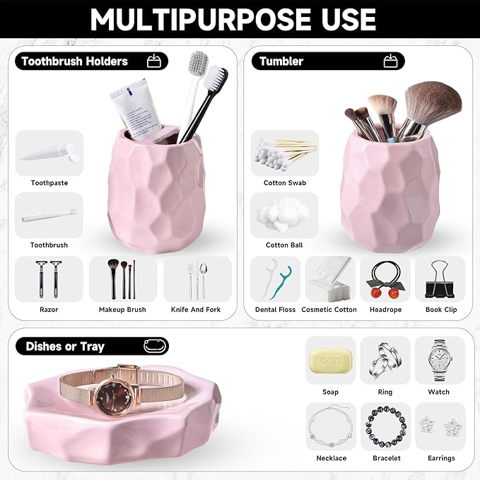 Ceramic Bathroom Accessories Set 4 PCS,Bathroom Toothbrush Holder Set,Soap and Toothbrush Holder Set,Include Toothbrush Holder,Soap Dispenser,Tumbler,Soap Dish,Bathroom Sets Decor Organizer (Pink)