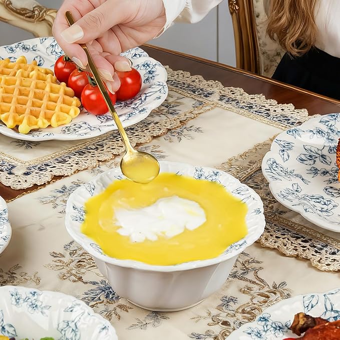 Ceramic Dinnerware Set 12-Piece Scalloped Edge Dish Set for 4 Vintage Blue Floral Elegant Kitchen Dinner Plates Bowls for Daily Use & Party Microwave & Dishwasher Safe (Blue)