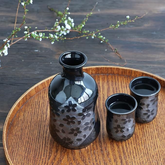 Asayu Japan Japanese Sake Set, Sakura Cherry Blossom Design, 1 Tokkuri Bottle with 2 Ceramic Cups, Black, Made in Japan Pottery