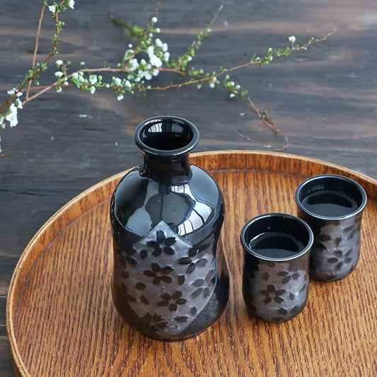 Asayu Japan Japanese Sake Set, Sakura Cherry Blossom Design, 1 Tokkuri Bottle with 2 Ceramic Cups, Black, Made in Japan Pottery